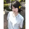Bordado Dopamina Cuello Colorido Manga Corta Verano Tejido Técnico Fresca Camiseta Top para Mujer Atuendo de Pareja Marca de Moda