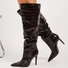 Botas compridas de salto alto fino bico fino com padrão de crocodilo para comércio exterior, botas de moda para primavera e outono, botas com salto bloco femininas, botas acima do joelho, botas até a coxa, estilo europeu e americano
