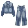 Ins estilo europeo y americano transfronterizo 2026 nueva moda elegante ropa de trabajo para mujer chaqueta vaquera lavada y jeans desgastados