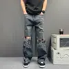 Pantalones de Hombre Modernos Retro Americano Resistentes Lavados Desgastados Azul Profundo Rasgados Con Cortes Bigotes Rectos Sueltos Largos Hasta el Suelo