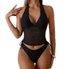 Bikini de dos piezas separado para mujer, de estilo nuevo, color liso, sexy, con cordones en la espalda, sin espalda, para playa, transfronterizo europeo y americano