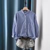 Diseño Estilo Coreano Cuello Pequeño de Muñeca Camisa de Algodón y Lino Cuadros Azules para Mujer Primavera y Otoño Holgada y Versátil Camisa Casual para Mujer