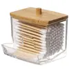 Caja de almacenamiento para hisopos de algodón, tapa de bambú, acrílico, portátil, redonda, para almacenar hisopos de algodón y desmaquillantes.