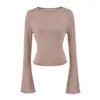 Top de Malha Curto Gola Redonda Manga Sino Estilo Desejo Puro Outono Nova Moda Slim Fit Camiseta Base Curta