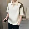 Camisa Polo Masculina de Manga Curta 2025 Verão Versátil Solta Casual Tendência Patchwork Fresca Camiseta de Manga Curta Pesada-