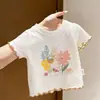 Blusa Infantil Menina Estampa Coelho Desenho Animado Manga Curta Verão 2026 Nova Gola Redonda Franzida Respirável Versátil Roupa Infantil