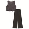 Chaleco Interior Negro sin Mangas Estilo Tweed Verano Look Adelgazante Top Exterior Corto y Pantalón Conjunto de Dos Piezas