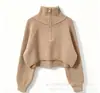 Suéter corto de punto con media cremallera y cuello alto estilo coreano para mujer, corte holgado, acanalado, petite, de cintura alta, cropped, top de punto pullover para usar como prenda exterior