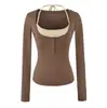 Camiseta de manga larga con cuello en U estilo perezoso, top corto de tirantes para mujer con sujetador incorporado, conjunto casual