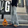 Jeans para hombre de estilo americano de calle, con estampado de bambú, acampanados, forrados de forro polar, engrosados, pantalones rectos versátiles de ajuste limpio para otoño e invierno
