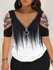Traje de moda de verano europeo y americano para mujer, traje elegante con estampado, cuello en V, cremallera, top degradado, pantalones cortos, dos piezas