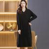 Vestido Tricotado Elegante Suéter Outono e Inverno 2025 Vestido Suéter Longo Acima do Joelho com Decote V e Manga Comprida para Mulheres de Meia-Idade