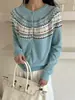 Cardigan de tricô com gola redonda e jacquard Fair Isle de pelo de guaxinim feminino outono e inverno espessado macio e fofo quente estilo preguiçoso solto peça externa de tricô