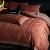 Juego de ropa de cama de cuatro piezas estilo lujo, con bordes anchos, 100% algodón, cepillado, Grado A, hecho con algodón 100% de fibra larga, con funda de edredón de algodón puro engrosada, sábana plana y sábana bajera.