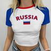 2025 Ruso Gráfico Letra Bordado Y2K Calle Delgado Corto Raglán Manga Corta Top Camiseta Revela Cintura Mujer