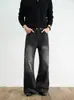 Jeans Preto Americano Solto Versátil com Textura de Bambu para Homens e Mulheres Retro Lavado Corte Justo Marca Tendência Micro Flare Calça Longa