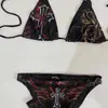 Bikini retro punk Y2K con estampado de tatuaje para mujer, alas de cruz gótica negras y rojas con pedrería, traje de baño de verano