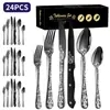 Juego de Cubiertos de Acero Inoxidable con Patrón de Explosiones Transfronterizas de Amazon, Juego de 24 Piezas, Cuchillo, Tenedor y Cuchara de Acero Inoxidable con Estampado Creativo para Filete