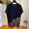 Camiseta de Malla con Encaje Patchwork de Verano de Longitud Media para Mujer Tallas Grandes, Manga Corta, Corte Holgado, Top para Abrigo