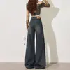 Calça jeans feminina cintura alta, perna larga, cor cinza cimento, estilo americano, nova coleção primavera/outono 2026, modelagem solta, fluida, perna reta, comprimento até o chão