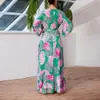 Vestido de Moda Otoño 2025 Nuevo Estilo Europeo y Americano con Estampado, Cuello en V, Cintura Alta, Falda Larga Estilo Vacaciones para Mujer