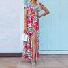 Roupas Femininas Transfronteiriças Europeias e Americanas, Vestido Estilo Férias com Decote V e Fenda, Comprimento Médio, Estampado com Amarração para Mulheres Pg9118