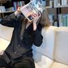 Pijama de Seda de Hielo y Nieve para Mujer Primavera y Otoño Casual de Gama Alta Manga Larga Seda para Mujer Color Sólido Negro Delgada Ropa de Exterior Ropa para el Hogar