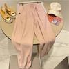 Calça casual feminina de material toalha cinza com pernas justas, forrada com lã para outono e inverno, calça de moletom grossa, cintura alta, emagrecedora, arroz glutinoso, perna larga