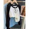 Camiseta feminina de manga longa com algodão de floco de neve e color blocking, outono 2026, fina, moda versátil, top de manga raglan