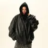 Chaqueta de Cuero Corta de Motocicleta Falsa de Dos Piezas para Hombre Estilo Retro Americano Empalme Casual Holgada con Capucha para Pareja