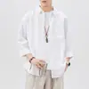 Camisa de lino Tencel de tacto fresco para hombre, delgada de verano, holgada, suave, fácil de cuidar, simple, manga tres cuartos