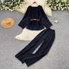 Conjunto de tricô estilo preguiçoso com amarração na cintura e calça pantalona para mulheres, outono, emagrecedor, conjunto de duas peças solto e casual para o trabalho