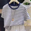 Camiseta de Manga Corta a Rayas de Bloques de Color Estilo Nuevo Verano 2026 para Mujer, Corte Holgado, Adelgazante, Versátil, Elegante, Top Casual con Cuello Redondo