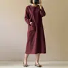 Vestido de Algodón y Lino de Largo Medio Transfronterizo de Amazon, Color Sólido, Literario, Retro, de Manga Larga, Talla Grande, Ropa de Mujer al Mayoreo