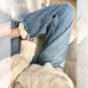 Jeans Reto de Cintura Alta Azul Claro Feminino Outono e Inverno 2024 Novo Calça com Forro de Lã Solta Emagrecimento com Pernas Largas