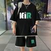 Conjunto Casual Waffle Masculino Verão Shorts de Seda Gelo Camiseta de Manga Curta com Estampa Jovem Bonita Falso Duas Peças