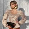 Camisa francesa de jacquard con mangas abullonadas y diseño cruzado, combinable con todo, primavera y verano 2025, cuello cuadrado de nicho, manga larga.