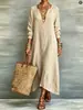 Vestido Vintage de Color Sólido con Cuello en V Profundo y Mangas Largas, Falda Larga Suelta y Elegante, Vestido de Vacaciones Estilo Europeo y Americano Transfronterizo