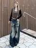 PMOH Diseño de Textura de Nudo de Bambú Americano Sentido de Diseño Pierna Curva Jeans para Mujer Otoño 2027 Nuevo Estilo Rasgados Adelgazantes Pantalones de Pierna Recta
