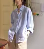 2025 Primavera/Verano Camisa de Lino Rayada con Bordado de Cara Sonriente Manga Larga Top para Mujer Verano Protección Solar Física