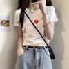 Estilo Nuevo Verano 2026 Top Corto Ajustado de Cuello Redondo con Estampado de Corazón, Camiseta Regular de Manga Corta para Mujer
