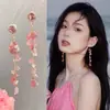 Aretes de Borla Rosa para Mujer, Estilo Costero, Aretes Largos de Clip para Orejas sin Perforar, Aretes de Botón Exagerados, Aretes Hechos a Mano, Colgantes para Orejas