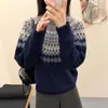 Suéter de Lã Fair Isle Retrô para Mulheres 2026 Outono e Inverno Novo Estilo Solto Aconchegante Espesso Tricô Suéter Top