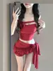 Bikini Rojo Floral Estilo Nuevo Traje de Baño de Dos Piezas para Mujer Estilo Chica Caliente Top de Tubo con Cintura Expuesta y Volantes Traje de Baño Sexy