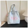 Bolso Tote con Cordón de Nuevo Estilo Coreano para Primavera y Verano, Bloques de Color, Ligero, Estampado de Letras Color Dopamina, Bolso de Hombro Fresco y Sencillo para Gimnasio