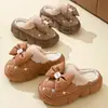 Chinelos de Algodão de Salto Alto para Mulheres, Chinelos Domésticos de Solado Grosso para Inverno com Laço, Forrados com Lã Sintética de Inverno, Espessados, Quentes, Casuais, para Uso Externo, de Solado Plano