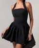 2025 Europa y Estados Unidos vestido cruzado de tirantes mini con volantes costuras nuevas espalda descubierta sexy dobladillo de encaje cintura alta