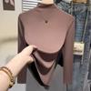Camisa básica negra de cuello medio alto para mujer, otoño e invierno 2024, elegante y moderna, de punto con hilo y manga larga.