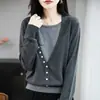 Suéter de tricô bicolor falso de duas peças para mulheres, novo gola redonda de lã fiada fina slim fit manga longa quente suéter base
