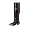 Botas de mujer de talla grande para comercio exterior transfronterizo, botas altas hasta la rodilla de tacón medio con punta fina y hebilla de cinturón, botas largas de estilo europeo y americano, botas de caña alta